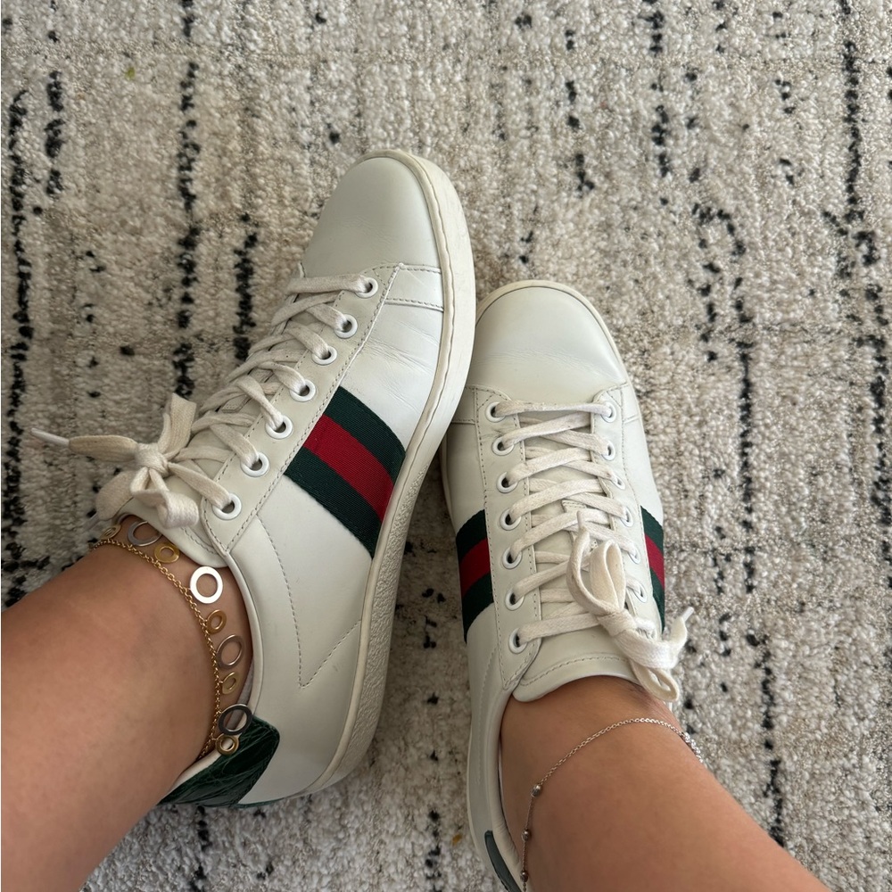 White Sneakers with Red and Green Stripes